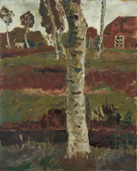 Birch Trunk by Moor Ditch in Landscape with House